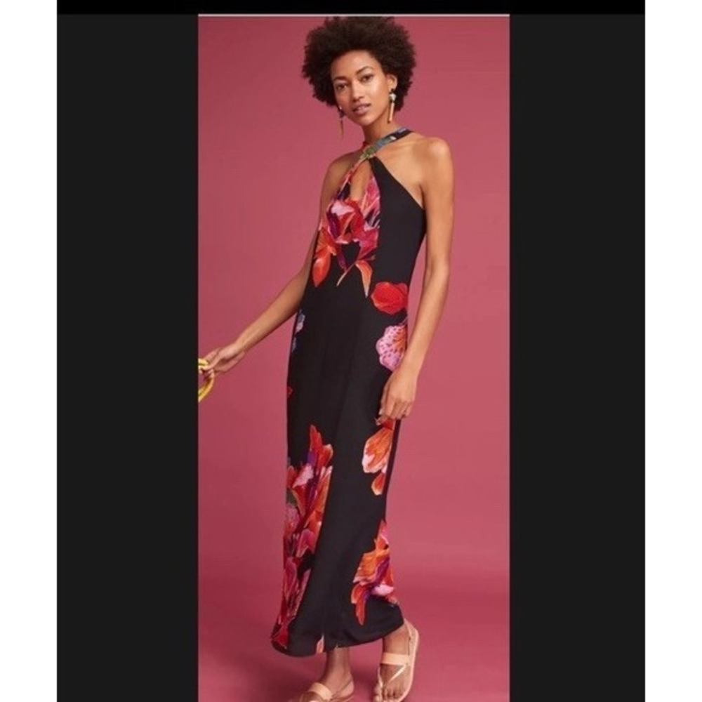 Maeve Anthropologie‎ Cayman Silk Maxi Dress Black Floral  XS Spring Resort Beach